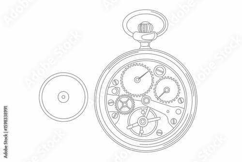 Detailed mechanical sketch of a vintage pocket watch showcasing intricate gears and movement blueprint graphic design illustration