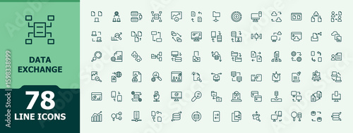 Set of Data Exchange and Analytics line icon. Included cloud data, database, statistic, information, data, exchange, analysis and more. Minimalist icons pack. Database icon set. Editable vector art.