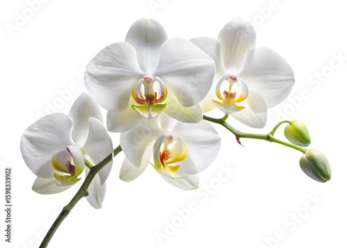 A cluster of pristine white orchid flowers blooms gracefully on a slender branch, showcasing their delicate beauty, isolated on transparent background