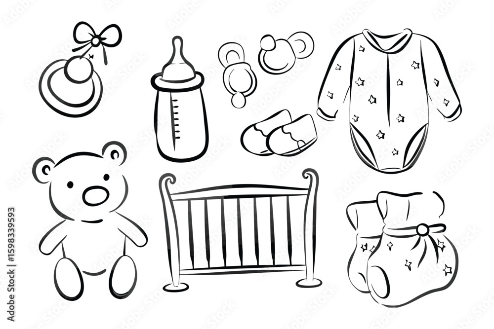 Fototapeta premium Newborn Essentials: A collection of adorable baby-related icons. featuring baby bottles and a cradle alongside other essentials, capturing the essence of new beginnings.