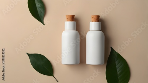 Wallpaper Mural Flat Lay Cosmetic Bottle with Green Leaf on Beige Torontodigital.ca