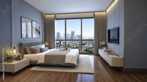 Wallpaper Mural Bright and airy modern bedroom showcases a cozy bed, stylish decor, and a breathtaking skyline view that enhances the serene atmosphere Torontodigital.ca