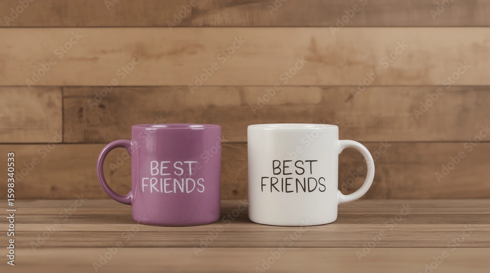 Fototapeta premium Coffee cups on wooden table with chalkboard sign and best friends text. Friendship day celebration background