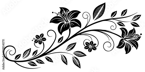 Stylized floral design featuring bold black lily blossom and decorative branch elements on a transparent background for versatile use