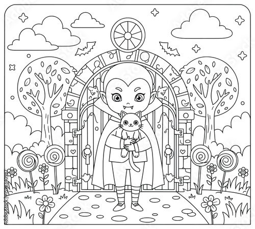 Cute cartoon vampire holding cat in front of castle gate with trees and candy decorations – black and white Halloween line art for kids coloring pages