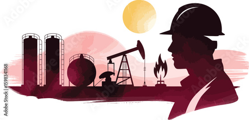 Oil Industry Worker Silhouette with Refinery and Pump Jack