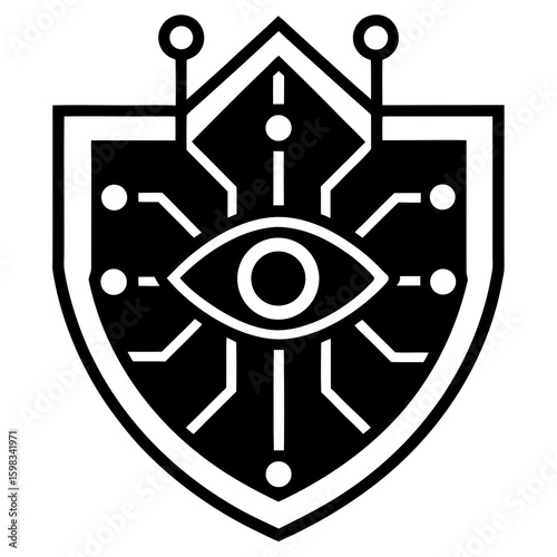 Digital shield with eye symbol and circuitry representing cybersecurity and surveillance
