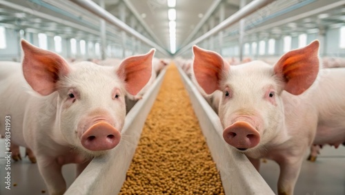Two pigs in a barn setting, looking towards the camera, surrounded by other pigs and a feeding trough filled with grains.