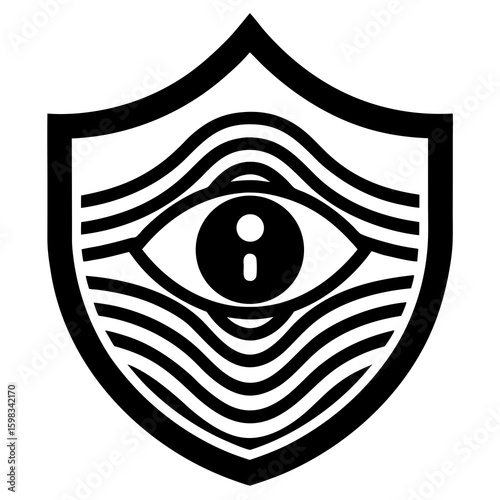 Black and white shield emblem with an all seeing eye and wavy lines