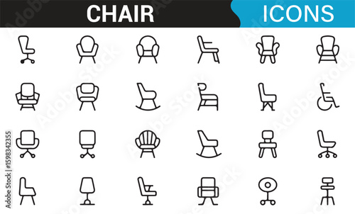 A complete set of chair icons, including office, recliner, and rocking chairs