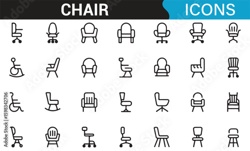 Office and home chair icons, including rolling and adjustable seating