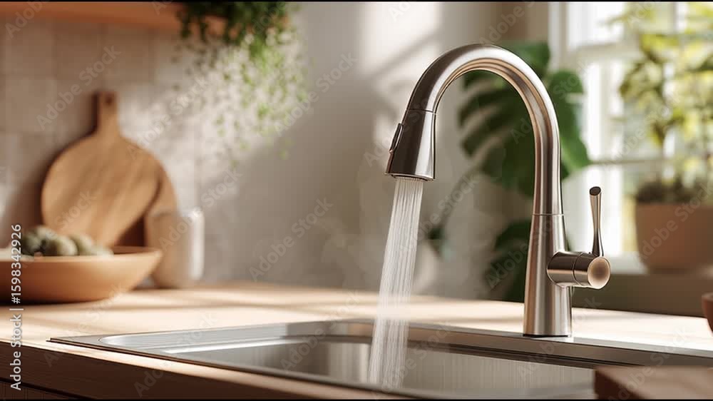 Water flows from a modern kitchen faucet in a bright, sunny kitchen filled with plants and wooden accents