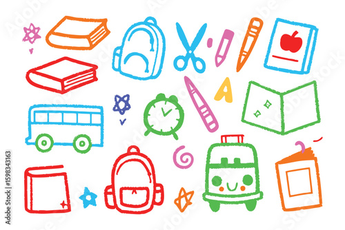 Doodle School Supplies: A whimsical illustration of colorful school supplies arranged artfully, evoking a sense of playful anticipation for education. 