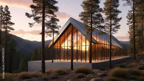 a modern glass building surrounded by long trees and background in also beautiful