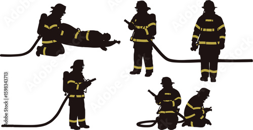 Vector art of silhouettes of firefighters with hoses isolated on white background, demonstrating emergency response protocols