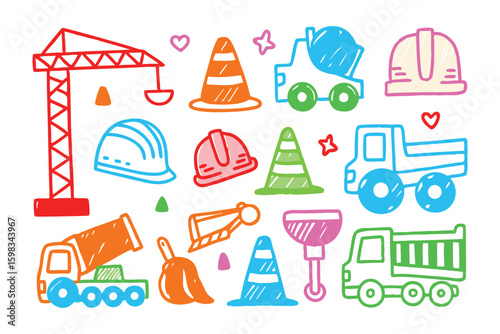 Construction Icons: A lively collection of hand-drawn construction icons, perfect for illustrating projects, blueprints, or industrial themes. Each icon, from cranes to helmets.
