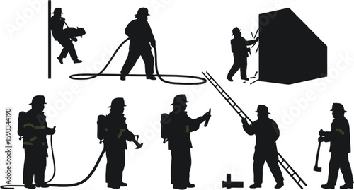 Vector art of silhouettes of firefighters showcasing their bravery and service during rescue operations and fire extinguishing efforts