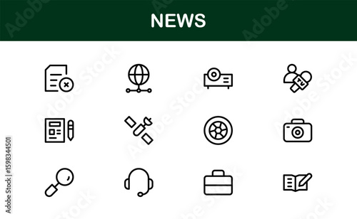 News insights delivered through minimalist clarity. Modern News line icon collection of 60 vector journalism, press, broadcast, headline, update glyphs