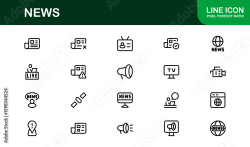 News insights delivered through minimalist clarity. Modern News line icon collection of 60 vector journalism, press, broadcast, headline, update glyphs