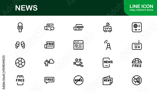 News insights delivered through minimalist clarity. Modern News line icon collection of 60 vector journalism, press, broadcast, headline, update glyphs