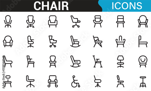 Set of chair icons including office, rocking, and wheelchair designs