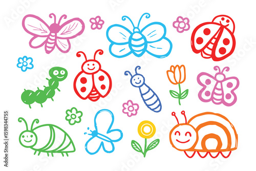 Whimsical Insect World: A vibrant collection of charming insects and blooming flowers, joyfully sketched with bold lines and cheerful colors, perfect for children and nature lovers alike.