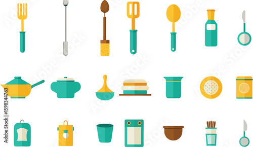  Vector art of a comprehensive collection of kitchen utensils and cookware isolated on white background for culinary designs
