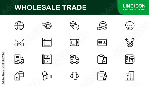 Wholesale Trade Business Supply Chain Distribution – Modern Professional Vector Line Icon Set, Minimal Scalable Symbols, Editable Stroke Assets