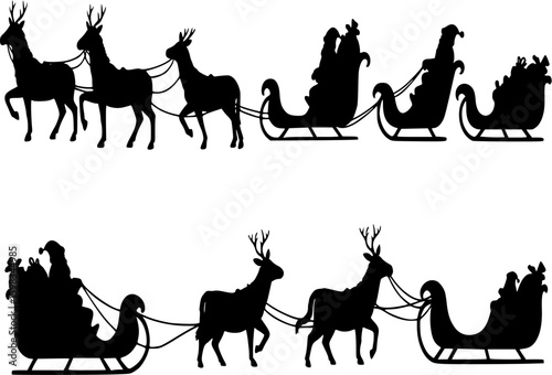Christmas Santa's sleigh set.Vector black silhouette.Illustrations for laser, paper cutting, printing on T-shirts, mugs. Various animals harnessed to the sled. Isolated on white background. See Less
