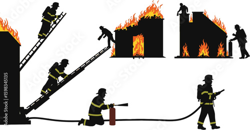 Vector art of silhouettes of firefighters battling flames and rescuing people, showcasing their dedication and bravery in hazardous situations