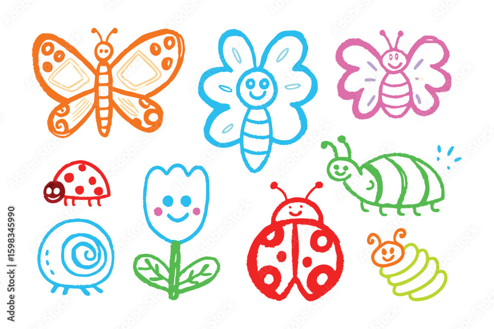 Fototapeta premium Whimsical Bug Parade: A delightful collection of hand-drawn insect illustrations, showcasing a playful and colorful array of charming bugs, perfect for adding a touch of fun and creativity.