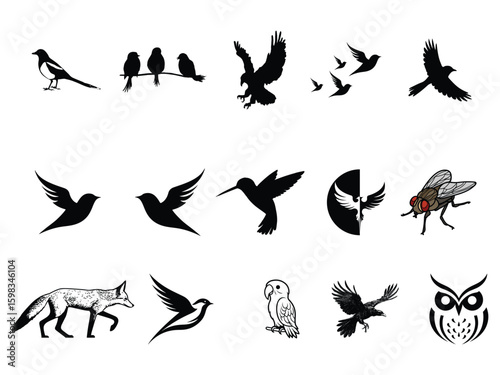  Collection of decorative  black and white bird and fox, animales