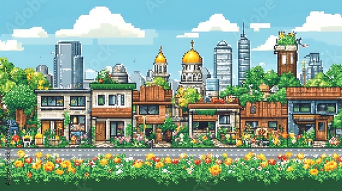 Pixel art cityscape with colorful buildings and lush greenery.