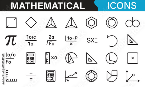 Collection of math-related icons for algebra, geometry, and trigonometry