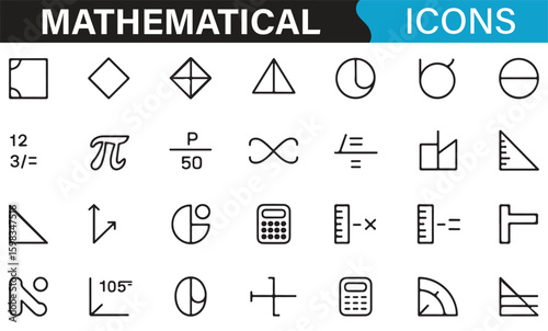 Set of mathematical symbols including geometry shapes, formulas, and pi