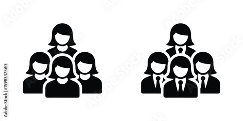 Female leadership team black icon set, diverse group of women, professional businesswomen, strong female workforce, modern minimalist style.