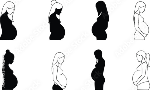 Vector art of silhouettes of pregnant women in various poses isolated on white background show the stages of pregnancy