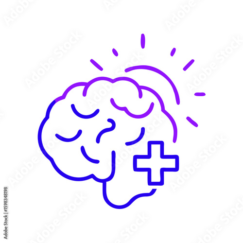 Brain health line icon with sun and medical cross in modern style  