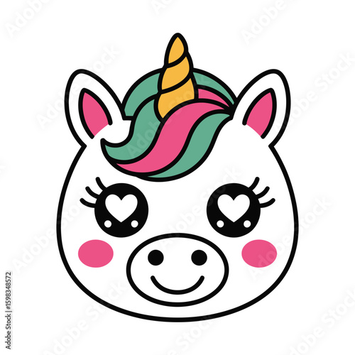 Kawaii unicorn face with heart-shaped eyes and chubby cheeks, adorable vector illustration for kids in black and white