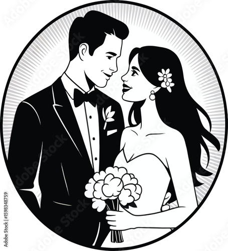 Illustration of a bride and groom in formal attire within a circular emblem design element