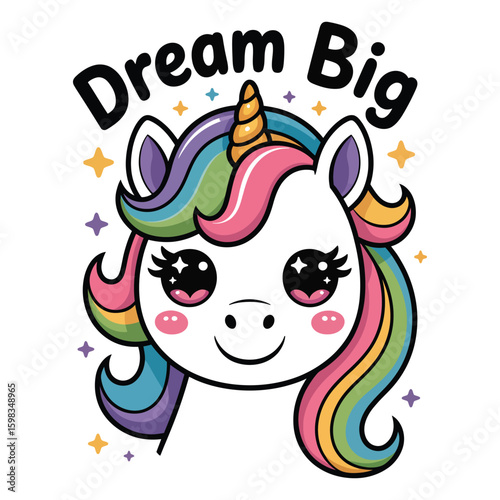 Kawaii unicorn face with heart-shaped eyes and chubby cheeks, adorable vector illustration for kids in black and white
