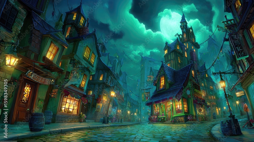 Obraz premium Nighttime, whimsical, gothic town