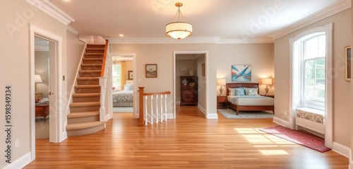 Empty second floor landing with stairs leading to guest bedrooms, real estate, airy