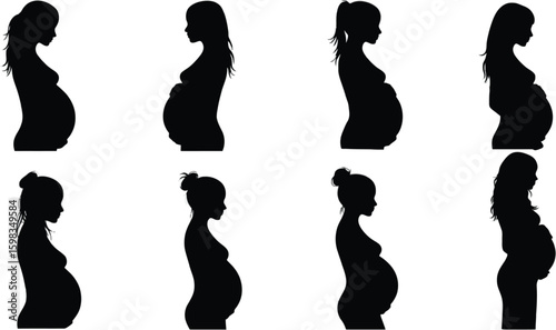Vector art of silhouettes of pregnant women in various poses and stages of pregnancy isolated on white background