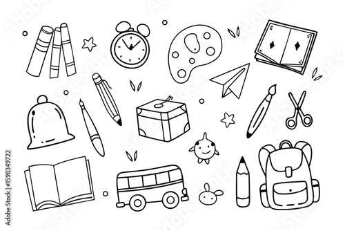 School Essentials: A collection of elementary school items for teaching or learning, with iconic stationery, accessories, and art supplies.