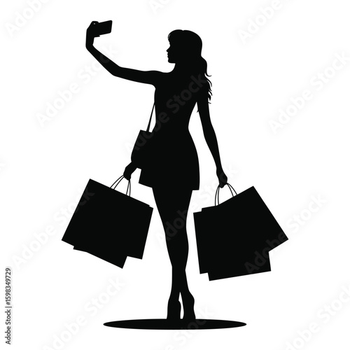 Silhouette of fashionable girl taking selfie with shopping bags, modern social media shopping moment vector isolated black and white