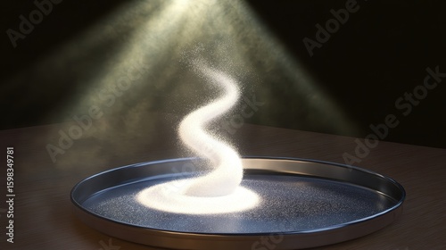 Spiraling Dust Particles in Light Beam on a Dark Background