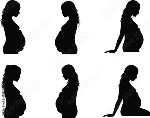 Vector art of silhouettes of pregnant women in various poses isolated on white background capture the essence of pregnancy