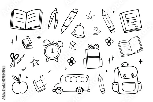 Back to School: Hand-drawn illustrations showcase a collection of school essentials, capturing the spirit of learning and creativity.