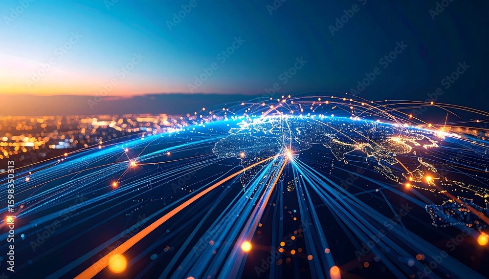 © Bulan2 - Global network, illuminated world map with city lights and glowing connections